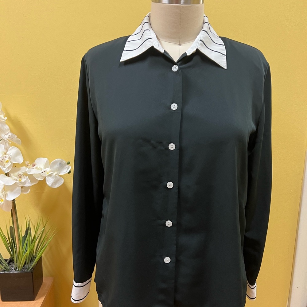 Black Button-Up blouse with Striped Collar